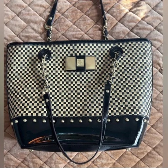 Anne Klein Handbag Black Tan Weave Woven Patent Leather Large Tote Shoulder Bag - Picture 3 of 4